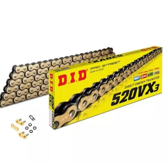 DID X-RING MOTORCYCLE GOLD DRIVE CHAIN 520 VX3 118 links