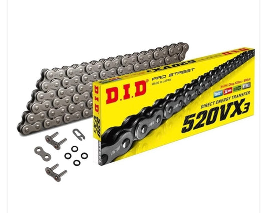 MOTORCYCLE CHAIN DID X-RING STEEL 520 VX3 118 SPLIT LINK & RIVET LINK